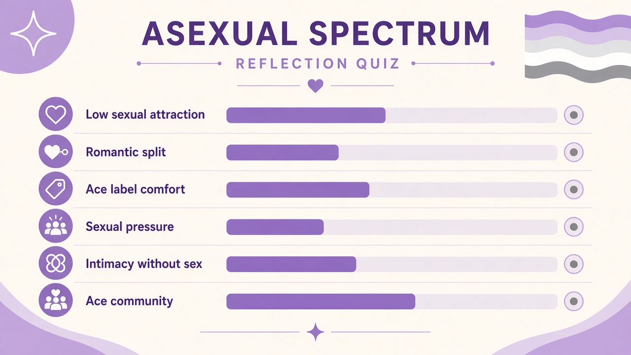 Am I asexual quiz diagram with six domain bars for low sexual attraction romantic split and ace label comfort on The Quiz Hub
