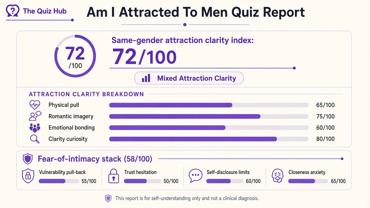 Men attraction quiz report with Mixed Attraction Clarity band, index 72, domain bars and intimacy stack on The Quiz Hub