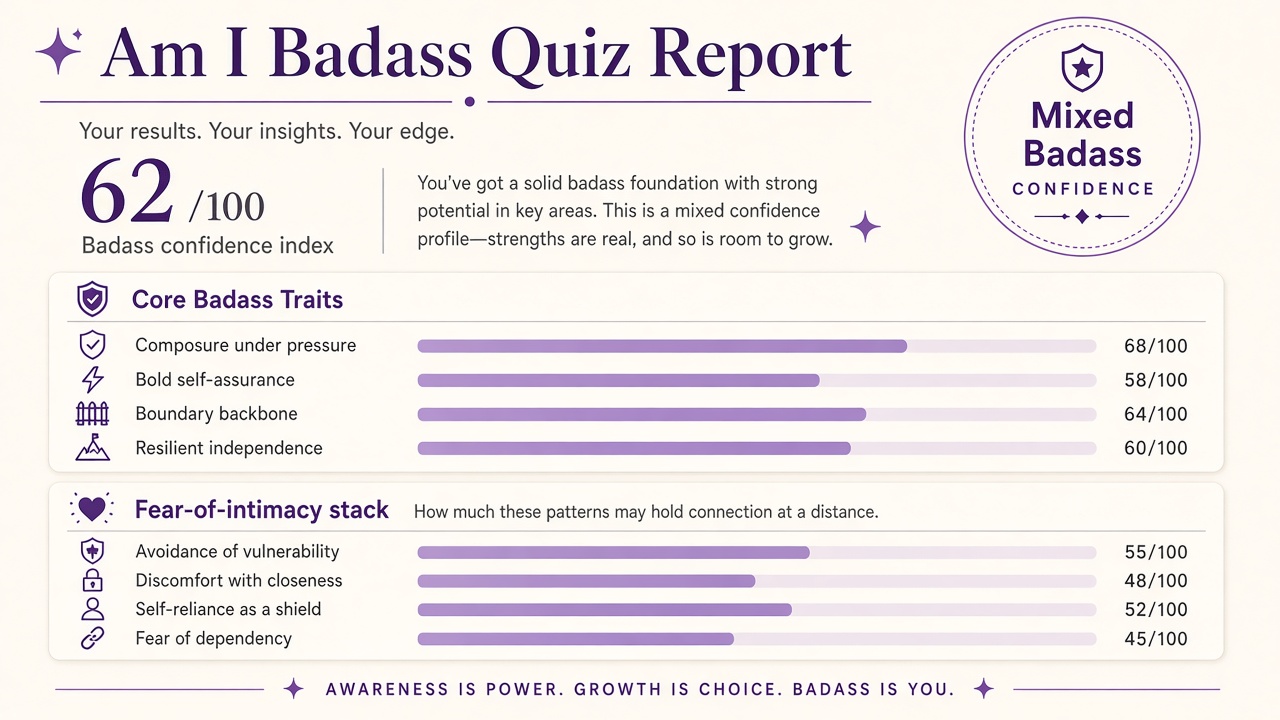 Am I badass quiz report with Mixed band, badass confidence index 62, domain bars, and fear-of-intimacy stack on The Quiz Hub