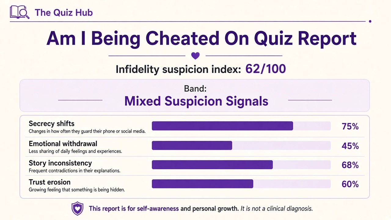 Am I being cheated on quiz report with infidelity suspicion index 62, Mixed band, four domain bars