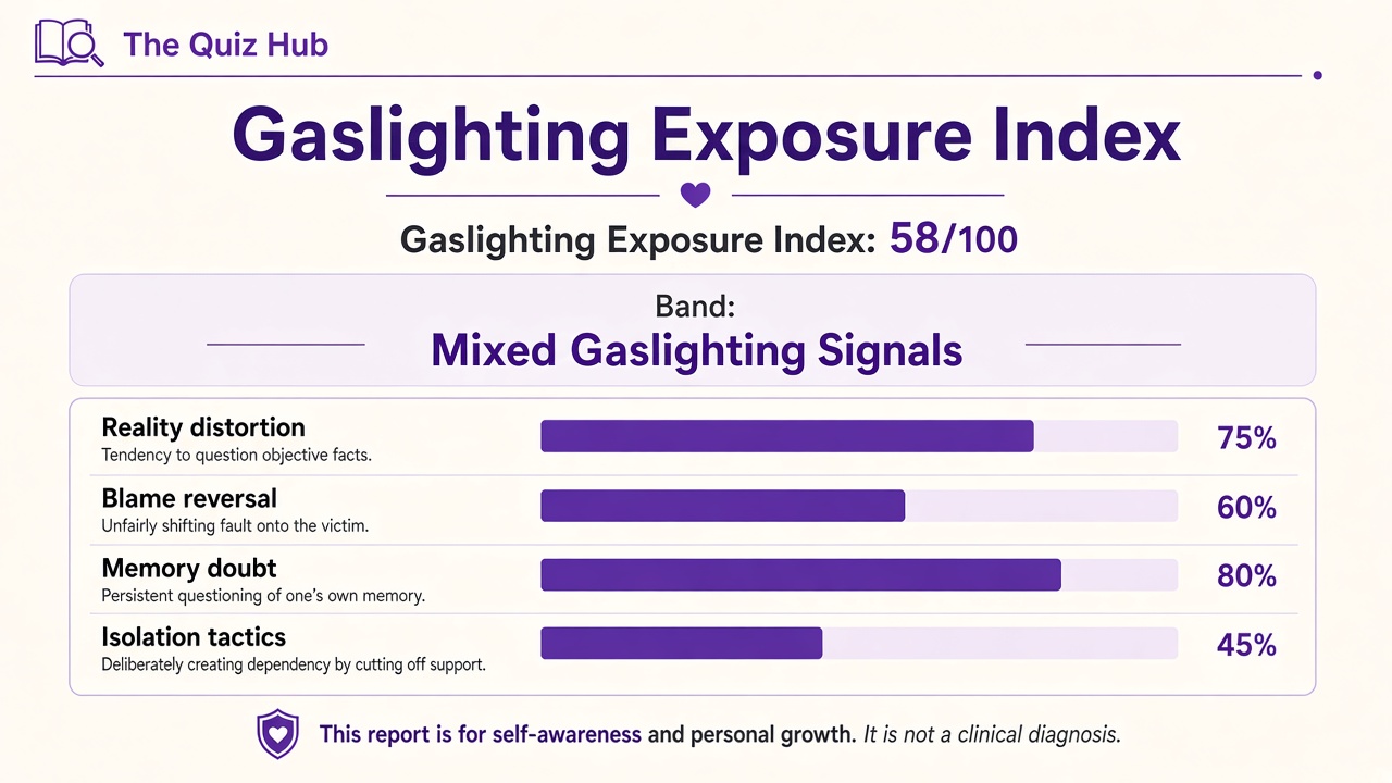 Gaslighting quiz report with Mixed band, exposure index 58, four domain bars on The Quiz Hub