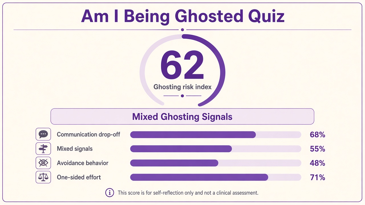 Ghosting quiz report with Mixed band, risk index 62, four domain bars on The Quiz Hub