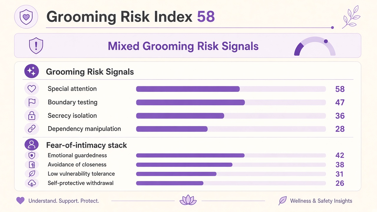 Grooming risk quiz report with index 58, Mixed band, four domain bars, and fear-of-intimacy stack on The Quiz Hub