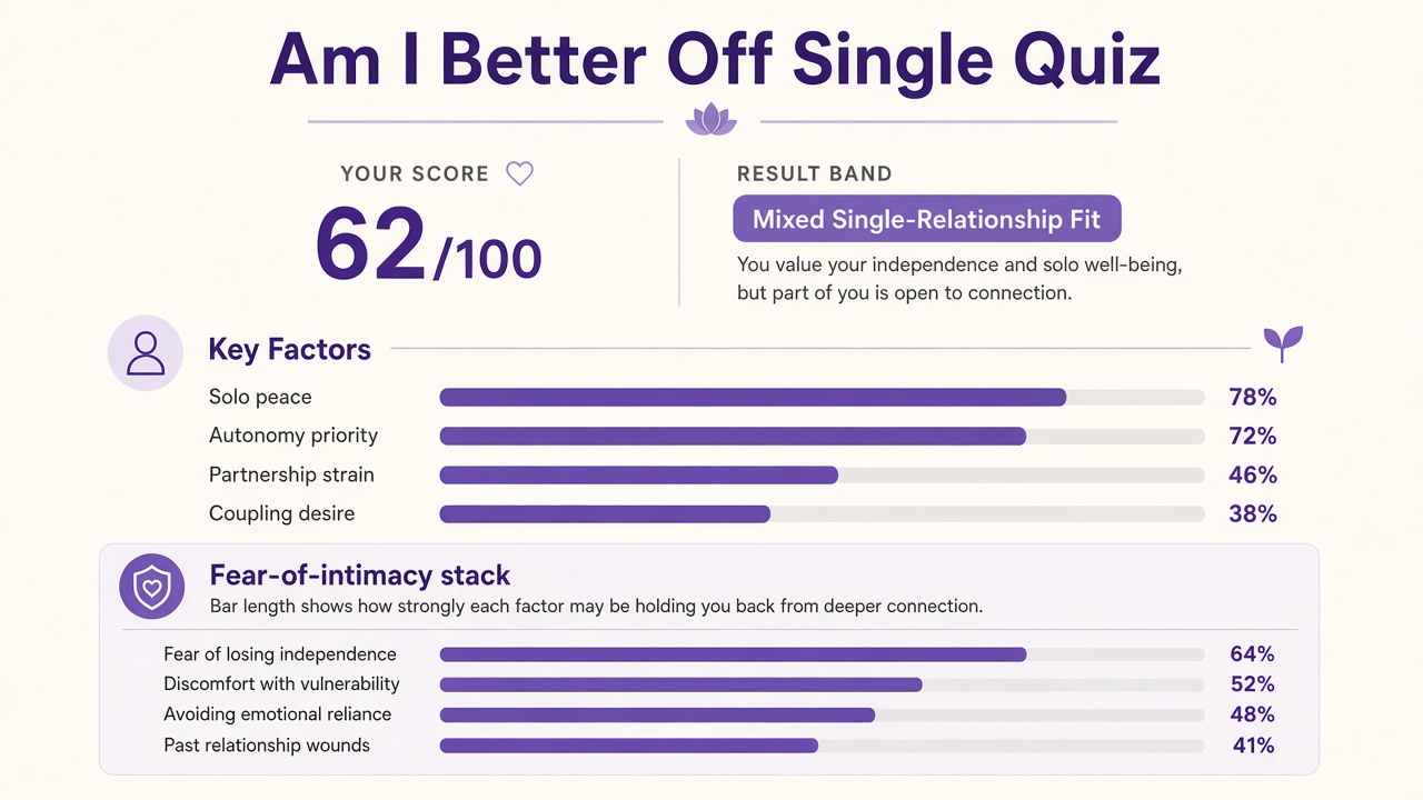 Am I better off single quiz report with Mixed band, fit index 62, four domain bars and fear-of-intimacy stack on The Quiz Hub