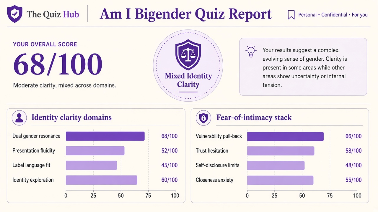 Bigender quiz report with Mixed Identity Clarity band, index 68, domain bars and intimacy stack on The Quiz Hub