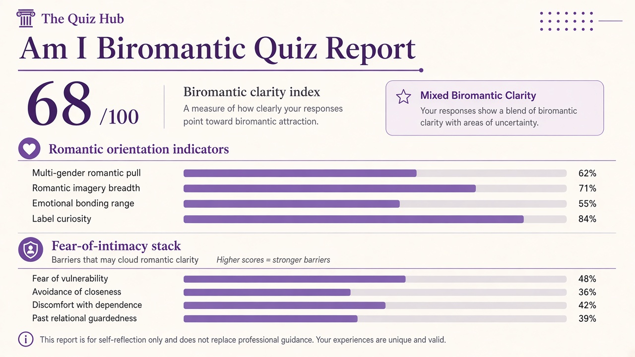 Biromantic quiz report with Mixed Biromantic Clarity band, index 68, domain bars and intimacy stack on The Quiz Hub