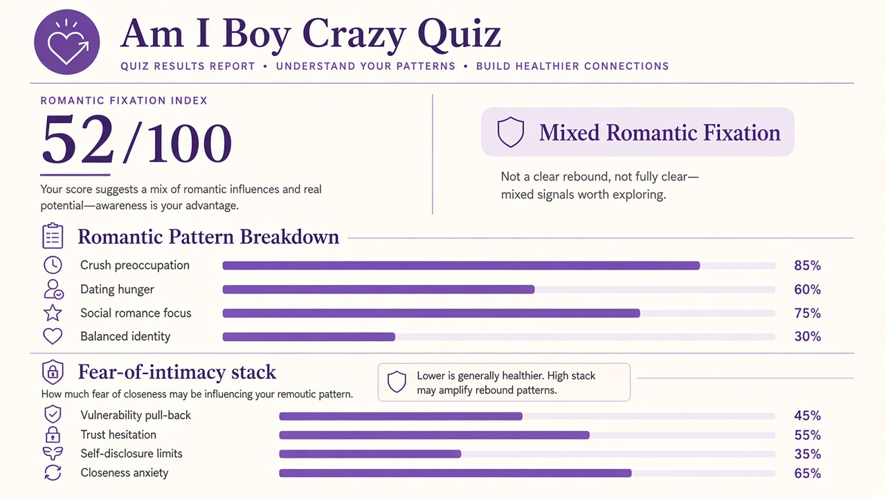 Boy crazy quiz report with Mixed band, fixation index 52, four domain bars and fear-of-intimacy stack on The Quiz Hub