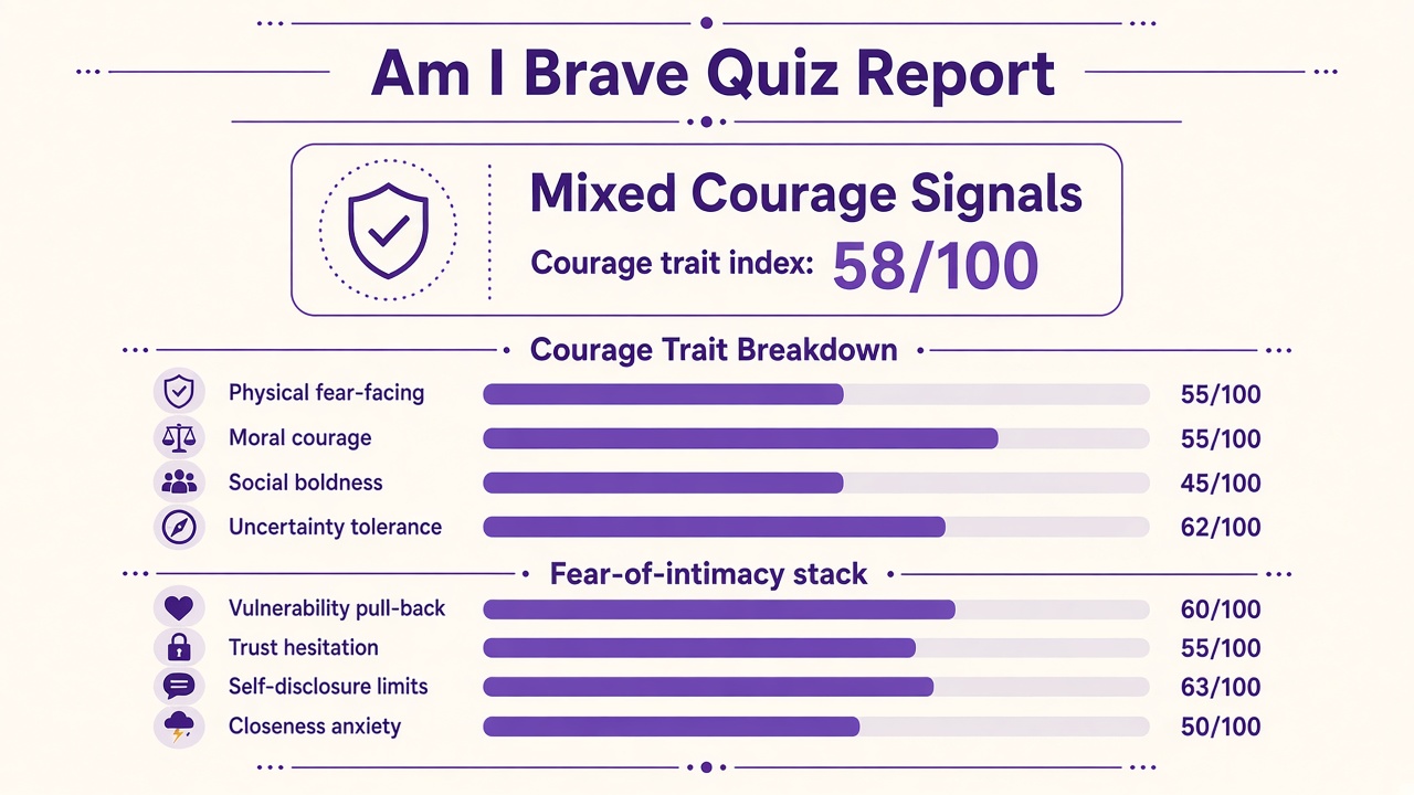 Am I brave quiz report with Mixed band, four courage domain bars, and fear-of-intimacy stack on The Quiz Hub