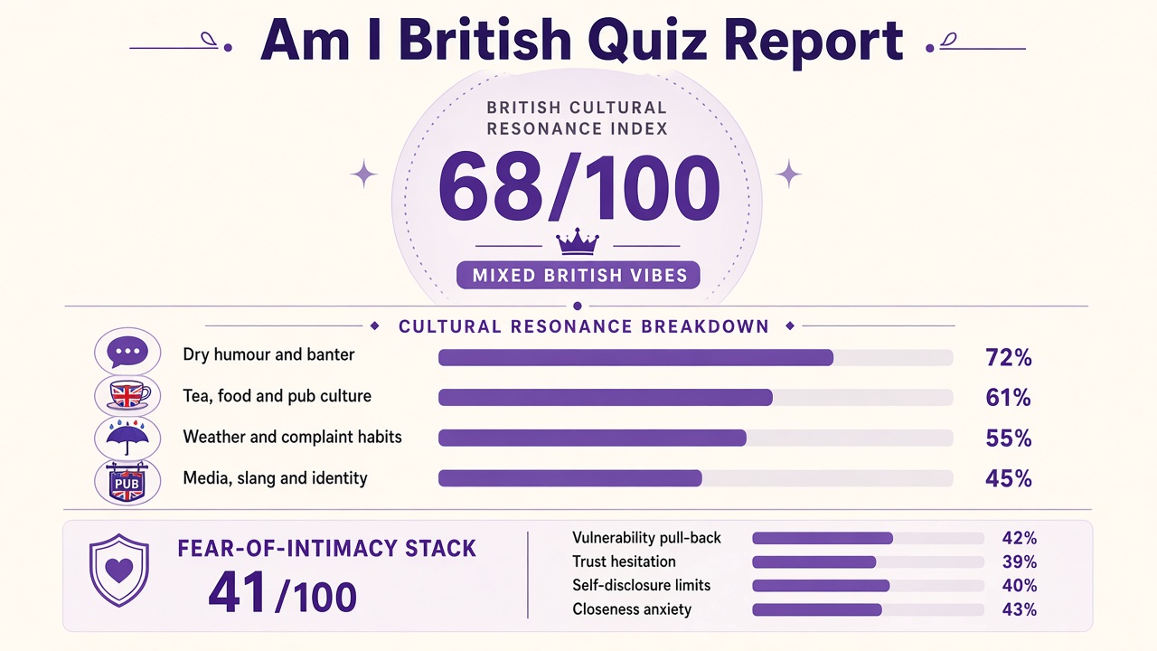 Am I British quiz report with Mixed band, index 68, four domain bars, and intimacy stack on The Quiz Hub