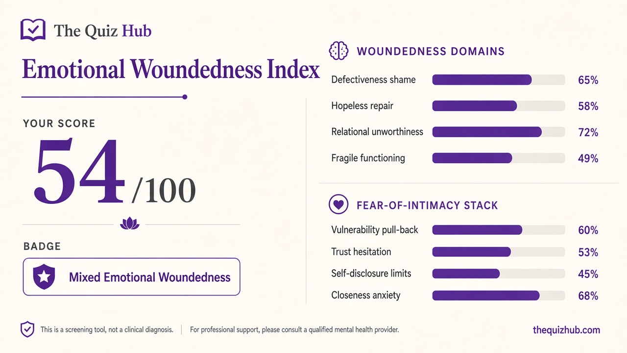 Am I broken quiz report with woundedness index 54, four domain bars, and intimacy stack on The Quiz Hub