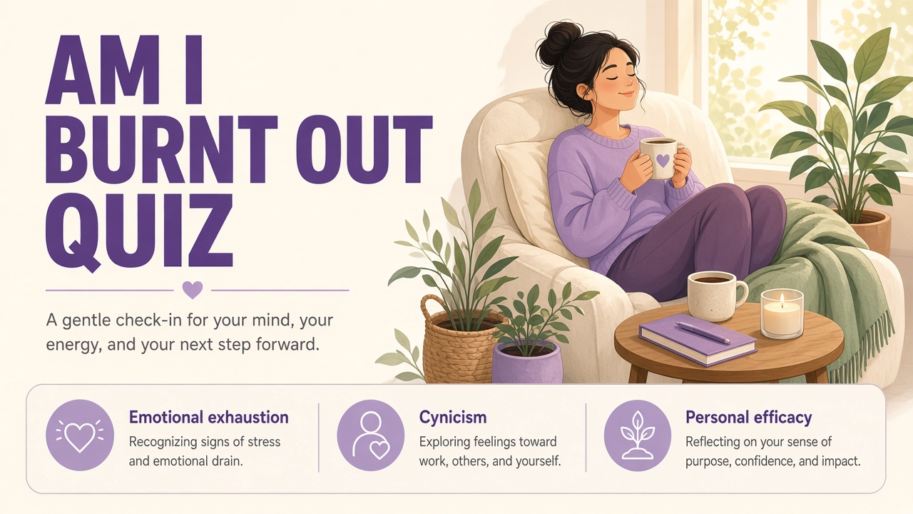 Burnout screening diagram with exhaustion, cynicism, and efficacy domain bars on The Quiz Hub