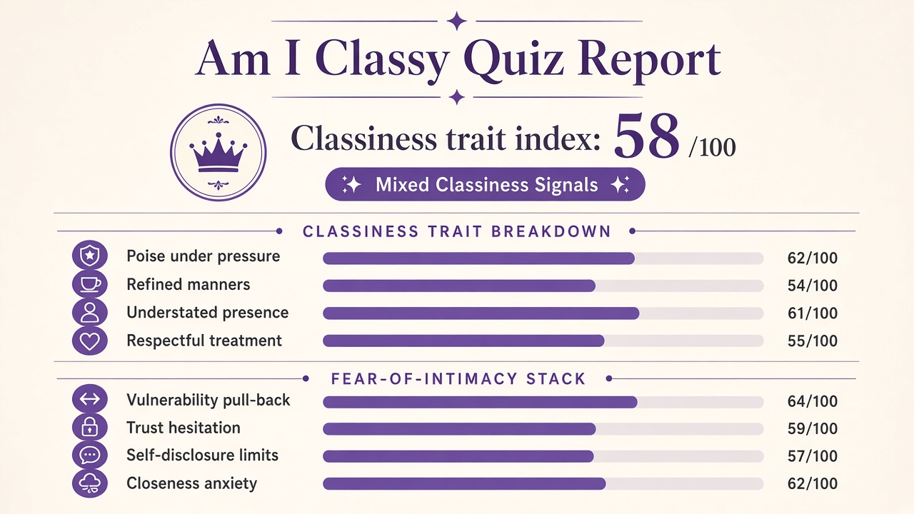 Am I classy quiz report with Mixed band, four classiness domain bars, and fear-of-intimacy stack on The Quiz Hub
