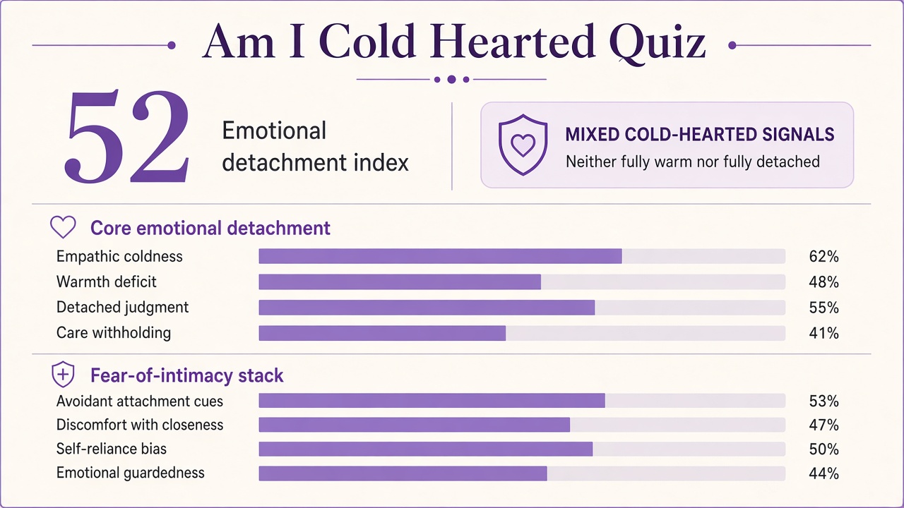 Am I cold hearted quiz report with Mixed band, four domain bars, and fear-of-intimacy stack on The Quiz Hub