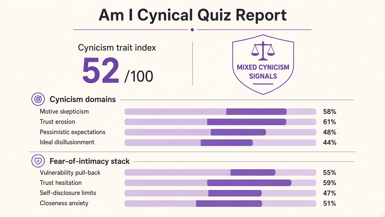 Am I cynical quiz report with Mixed band, four cynicism domain bars, and fear-of-intimacy stack on The Quiz Hub