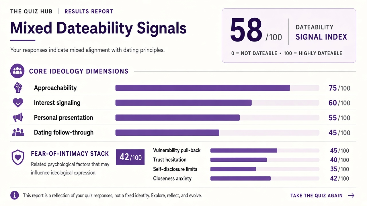 Am I dateable quiz report with Mixed band, four dateability domain bars, and fear-of-intimacy stack on The Quiz Hub