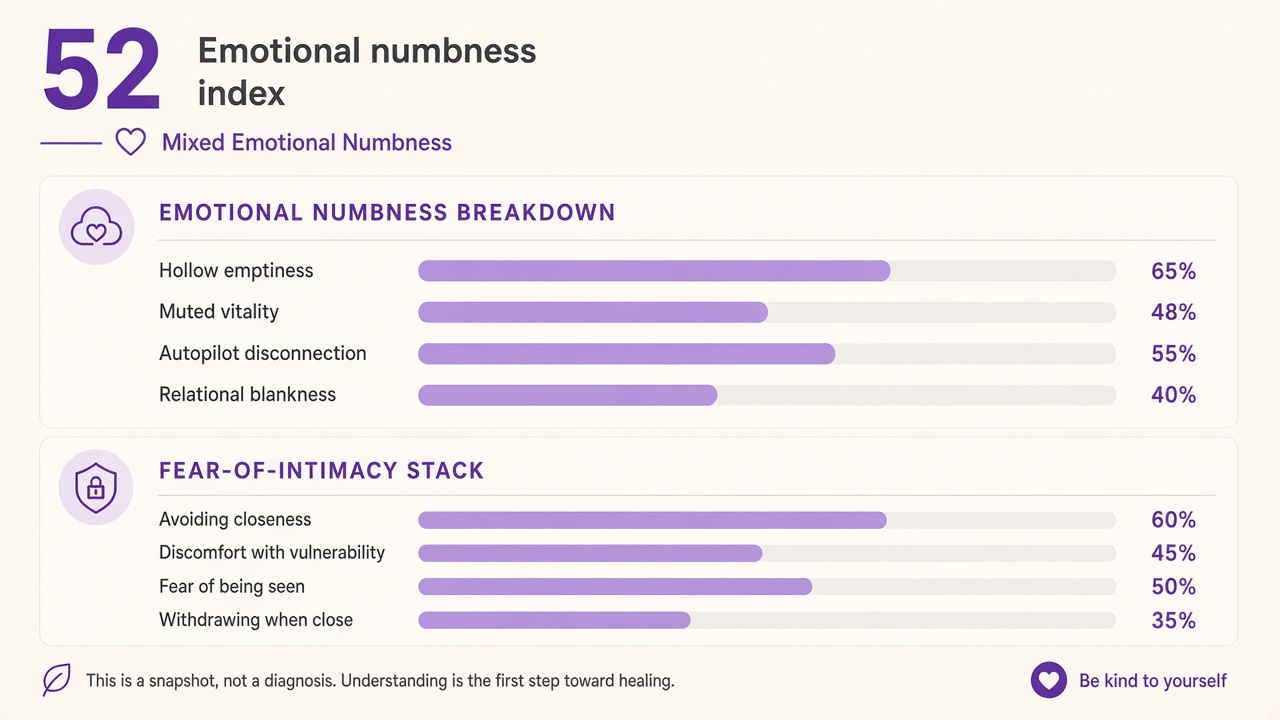 Am I dead inside quiz report with numbness index 52, domain bars, and intimacy stack on The Quiz Hub