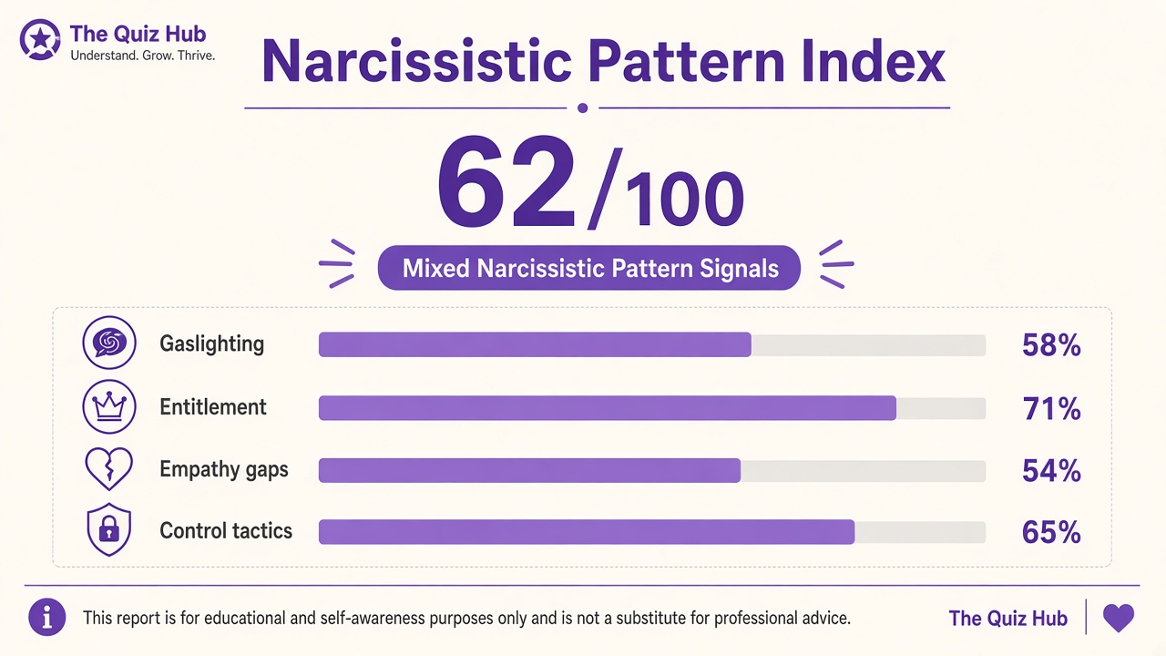 Am I dealing with a narcissist quiz report with Mixed band, pattern index 62, four domain bars on The Quiz Hub