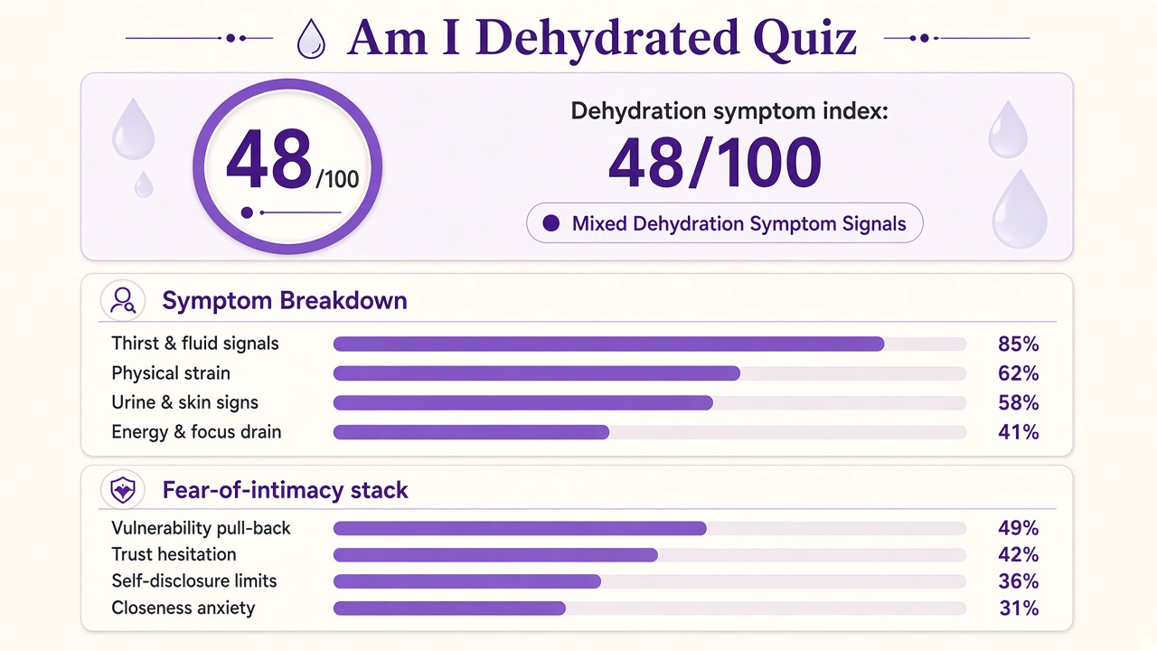 Am I dehydrated quiz report with symptom index 48, domain bars, and intimacy stack on The Quiz Hub