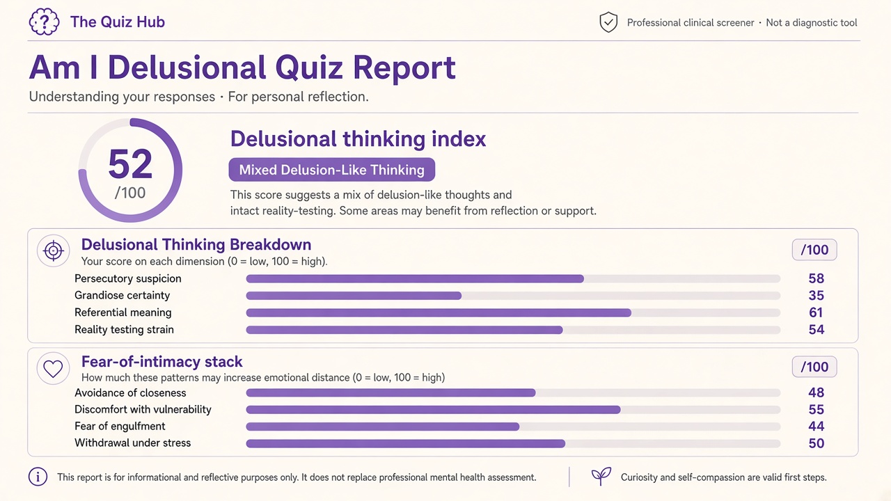 Am I delusional quiz report with delusional thinking index 52, four domain bars, and intimacy stack on The Quiz Hub