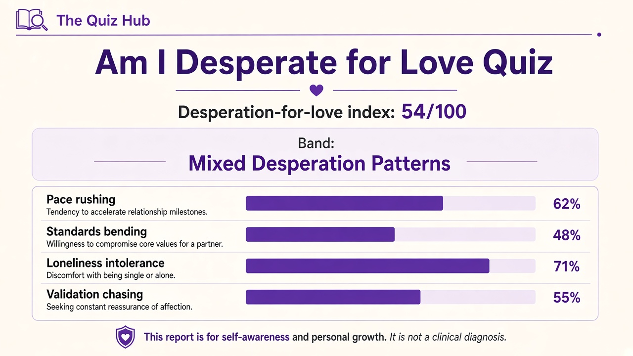 Am I desperate for love quiz report with Mixed band, desperation-for-love index 54, four domain bars on The Quiz Hub