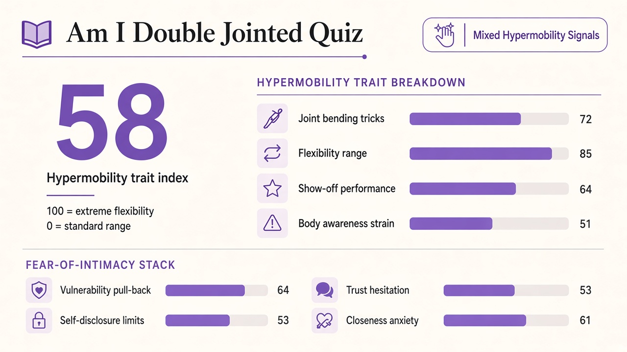 Am I double jointed quiz report with Mixed band, hypermobility index 58, domain bars, and intimacy stack on The Quiz Hub
