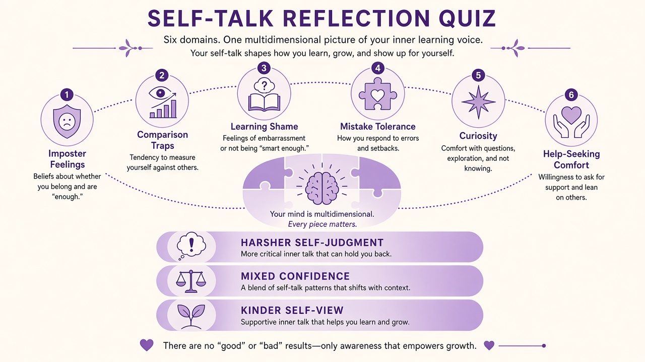 Self-talk reflection diagram with six domains and three result bands in purple