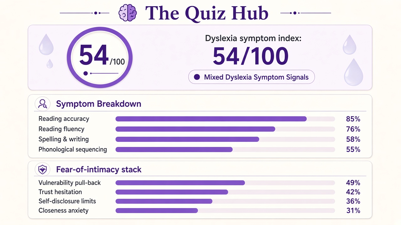 Am I dyslexic quiz report with symptom index 54, domain bars, and intimacy stack on The Quiz Hub