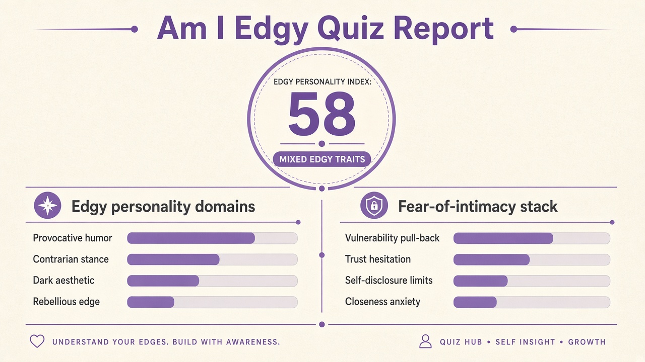 Am I edgy quiz report with Mixed band, edgy personality index 58, domain bars, and fear-of-intimacy stack on The Quiz Hub