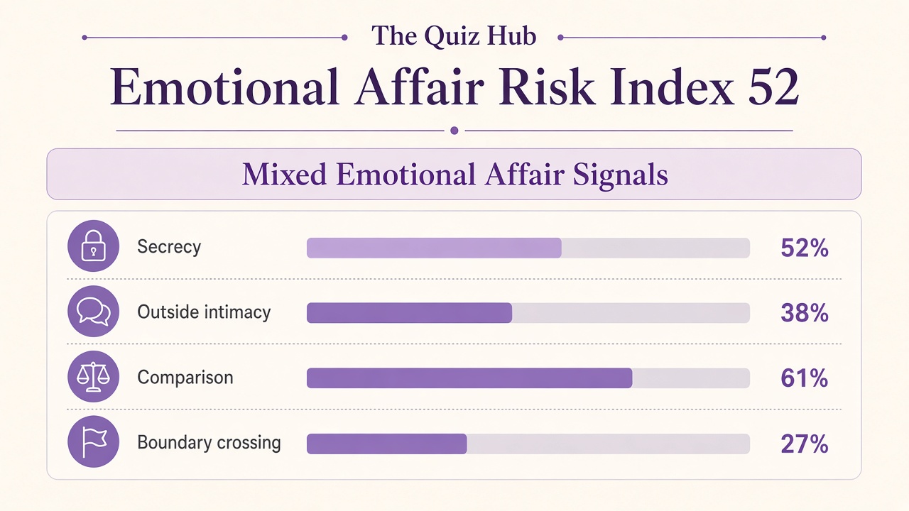 Am I emotionally cheating quiz report with Mixed band, emotional affair risk index 52, four domain bars on The Quiz Hub