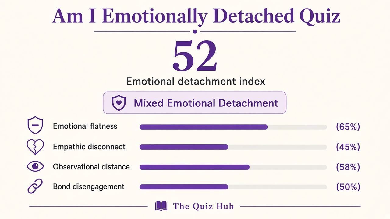 Am I emotionally detached quiz report with Mixed band, emotional detachment index 52, four domain bars on The Quiz Hub