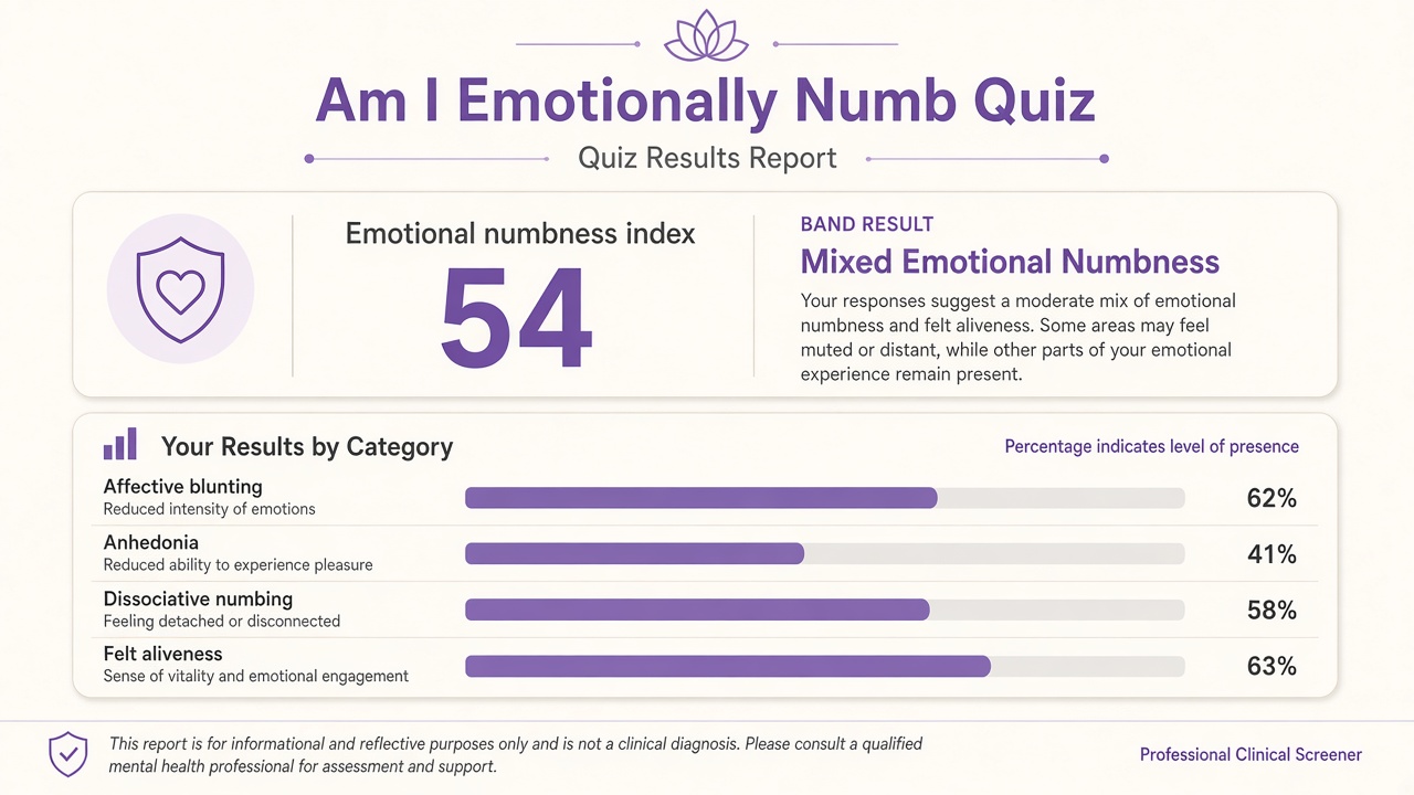 Am I emotionally numb quiz report with Mixed band, emotional numbness index 54, four domain bars on The Quiz Hub