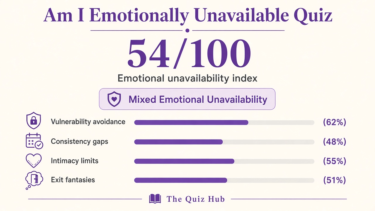 Am I emotionally unavailable quiz report with Mixed band, emotional unavailability index 54, four domain bars on The Quiz Hub