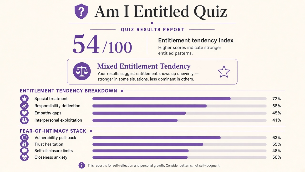 Am I entitled quiz report with Mixed band, index 54, domain bars, and intimacy stack on The Quiz Hub