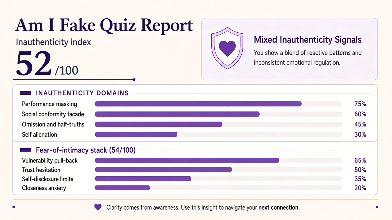 Am I fake quiz report with Mixed band, inauthenticity index 52, four domain bars, and intimacy stack on The Quiz Hub