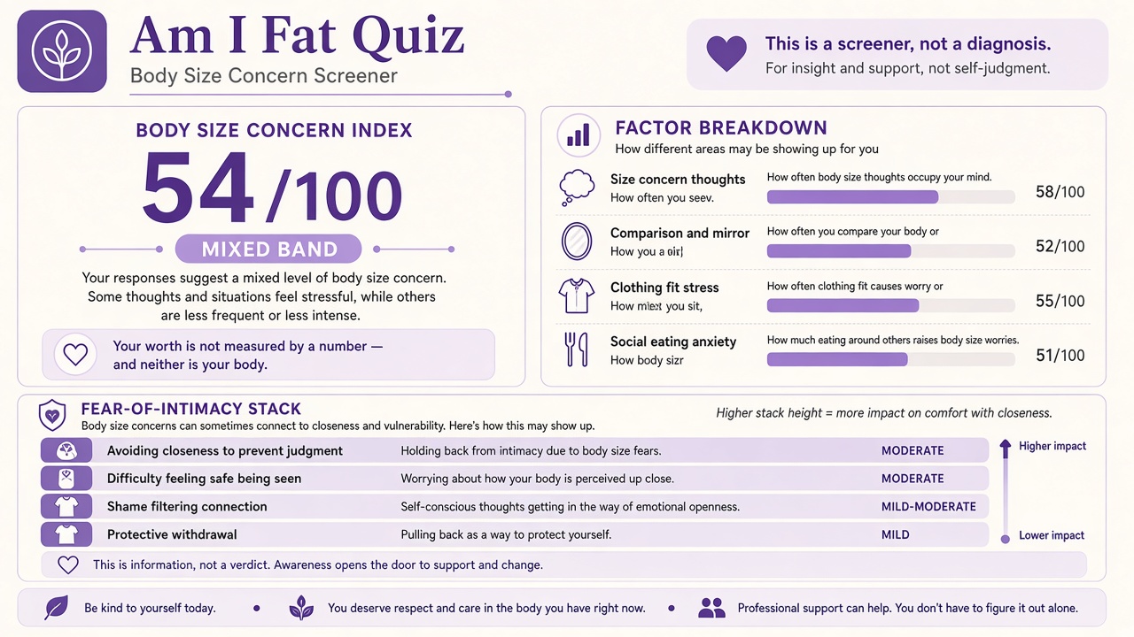 Am I Fat Quiz report with index score, domain bars, and intimacy stack on The Quiz Hub