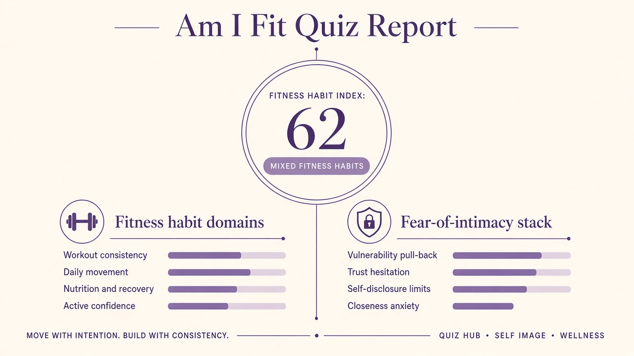 Am I fit quiz report with Mixed band, fitness habit index 62, domain bars, and fear-of-intimacy stack on The Quiz Hub