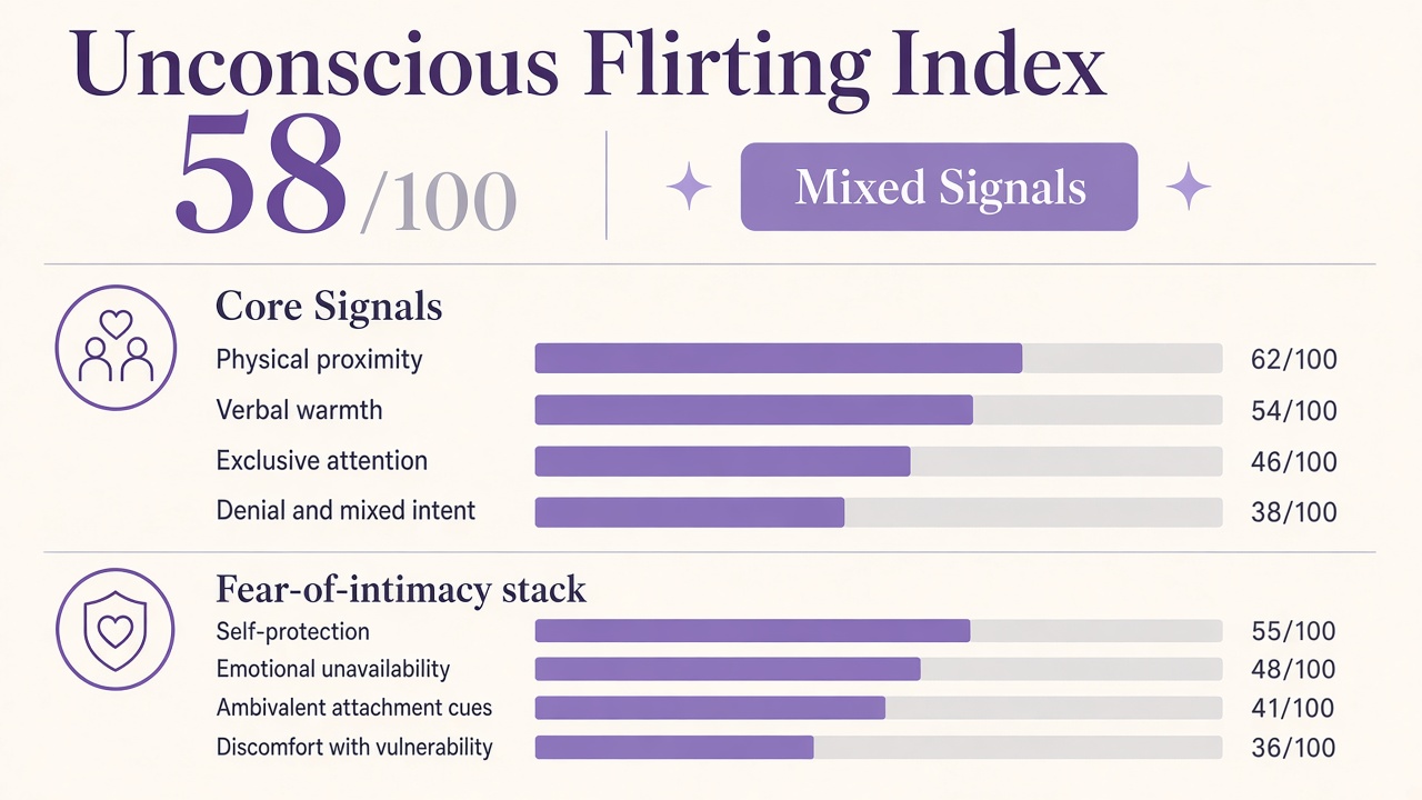Unconscious flirting quiz report with Mixed band, four domain bars, and fear-of-intimacy stack on The Quiz Hub