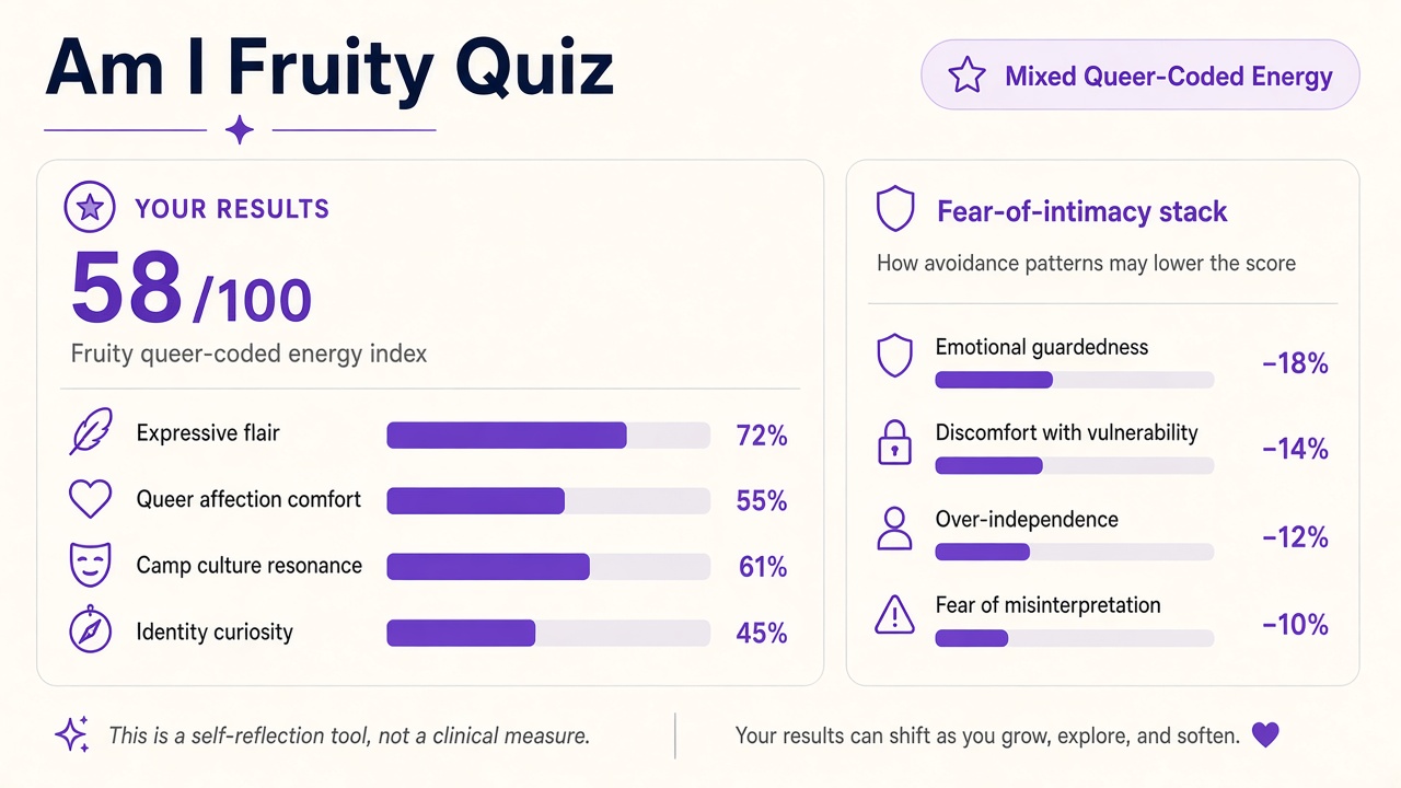 Am I fruity quiz report with Mixed band, queer-coded energy index 58, domain bars, and fear-of-intimacy stack on The Quiz Hub