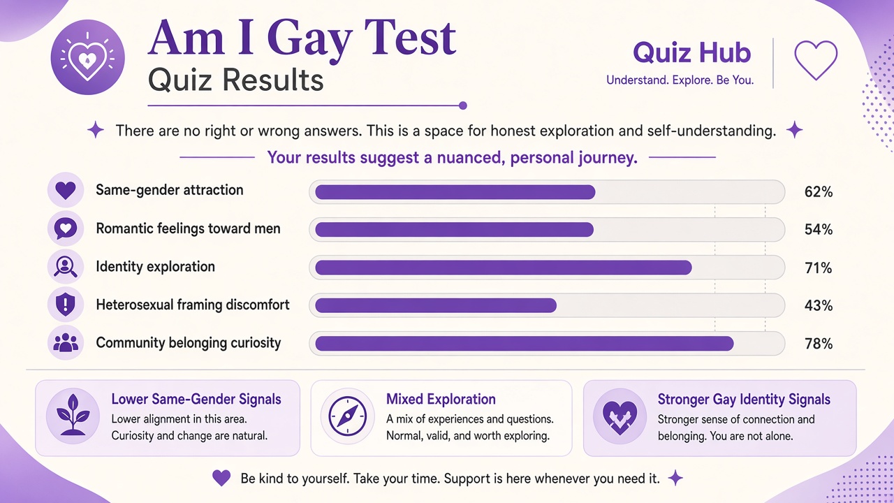 Am I gay test diagram with five domain bars and three reflection bands for The Quiz Hub results