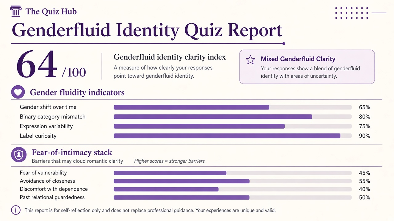 Genderfluid quiz report with Mixed Genderfluid Clarity band, index 64, domain bars and intimacy stack on The Quiz Hub
