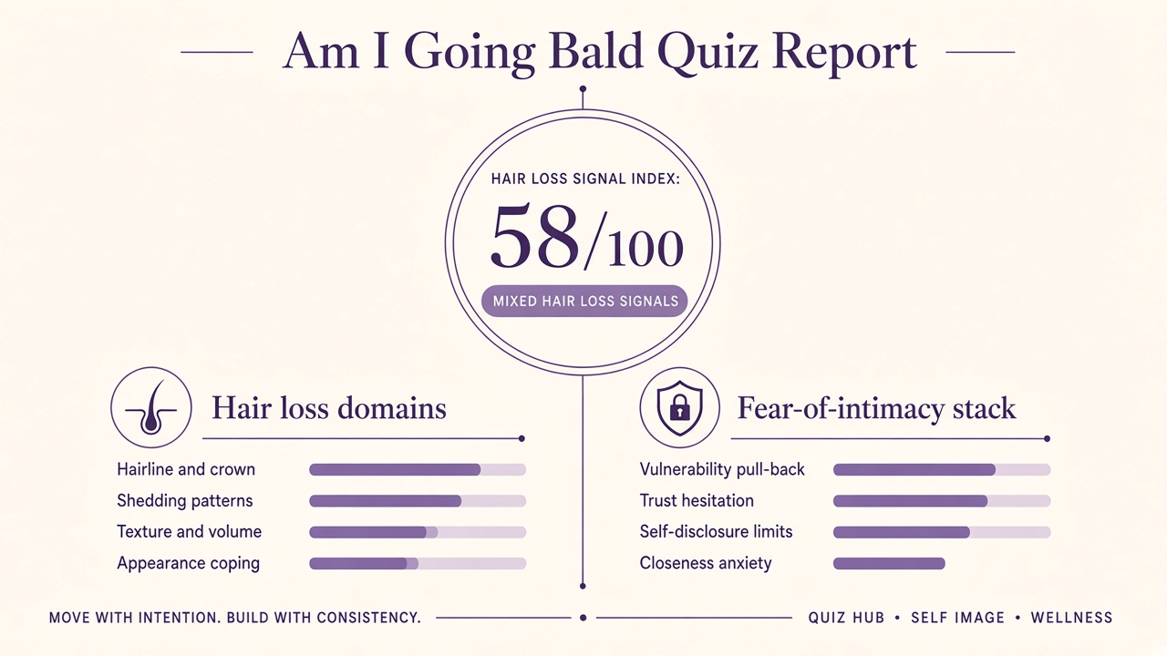 Am I going bald quiz report with Mixed band, hair loss index 58, domain bars, and intimacy stack