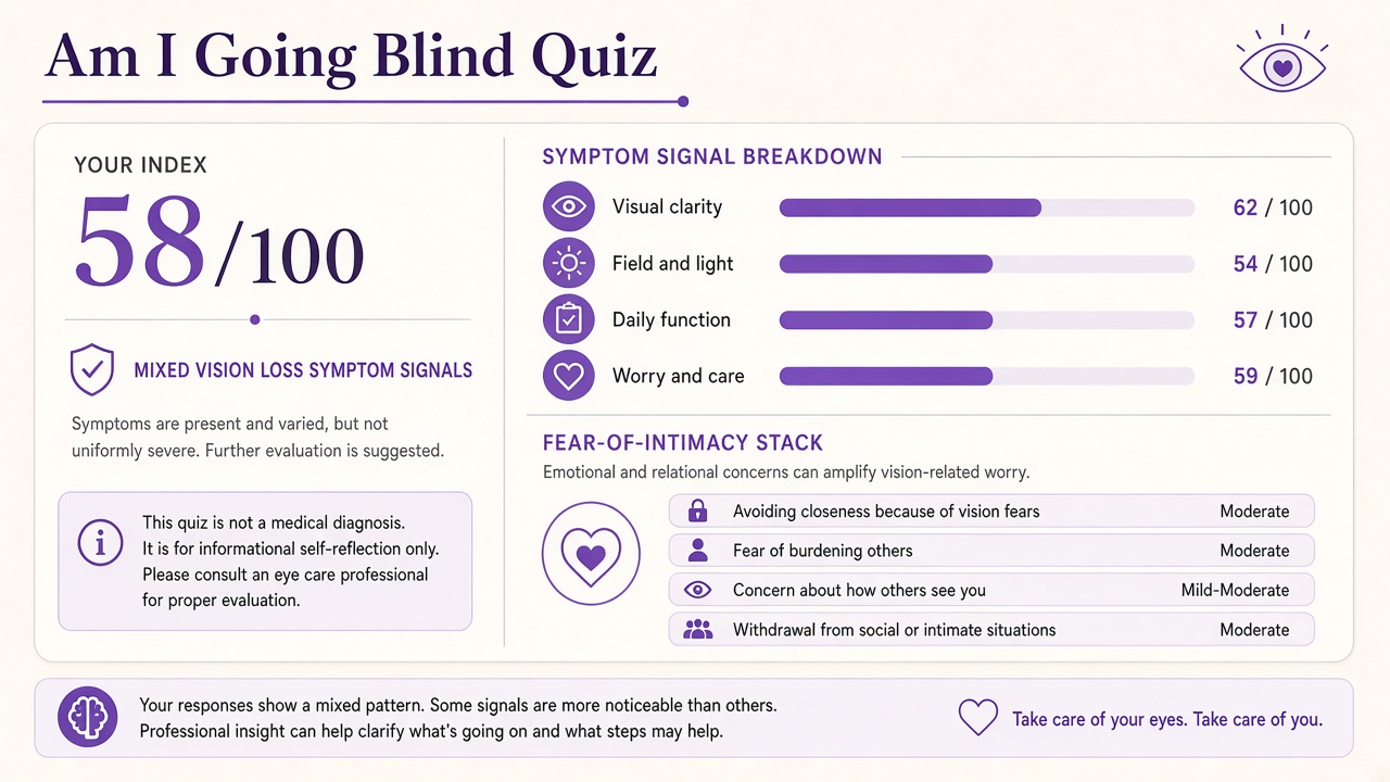 Am I Going Blind Quiz report with index score, domain bars, and intimacy stack on The Quiz Hub