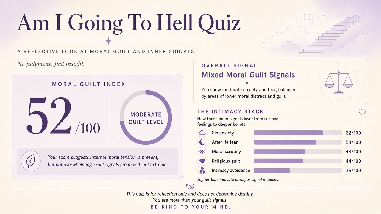 Am I Going To Hell Quiz report with index score, domain bars, and intimacy stack on The Quiz Hub