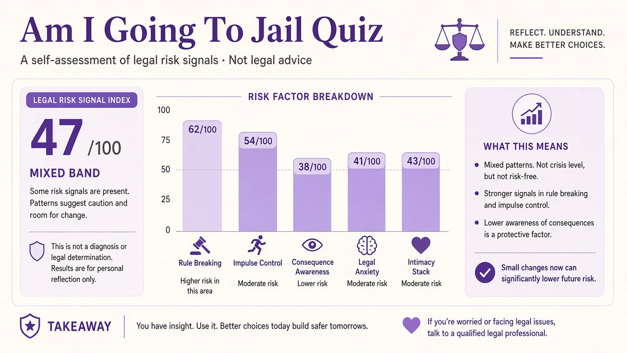 Am I Going To Jail Quiz report with index score, domain bars, and intimacy stack on The Quiz Hub