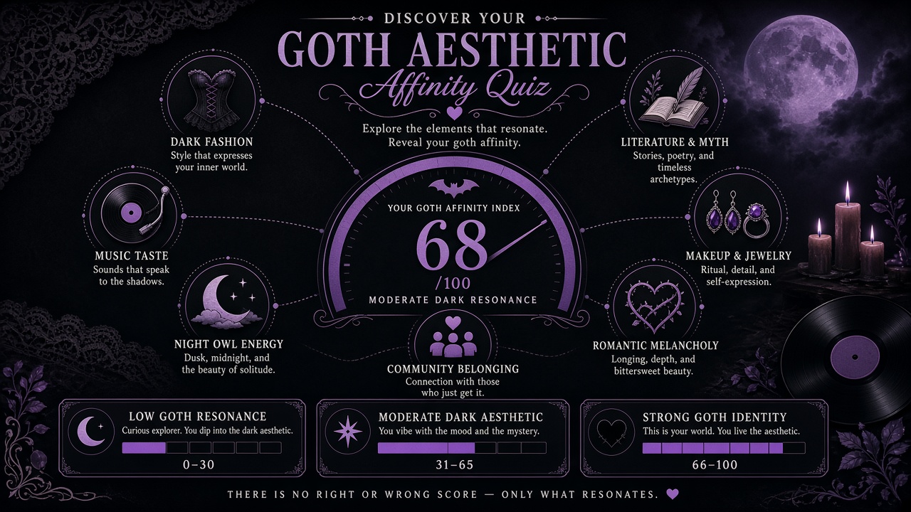 Goth affinity diagram with seven domains and three result bands in purple