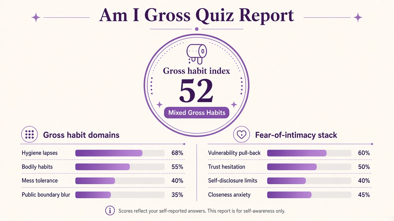 Am I gross quiz report with Mixed band, gross habit index 52, domain bars, and fear-of-intimacy stack on The Quiz Hub