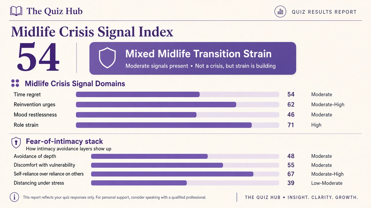 Am I having a midlife crisis quiz report with signal index 54, domain bars, and intimacy stack on The Quiz Hub