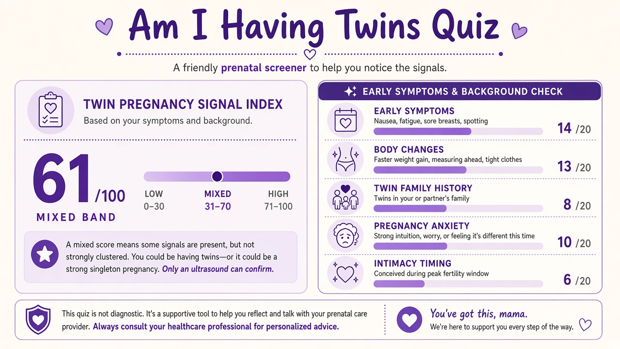 Am I Having Twins Quiz report with index score, domain bars, and intimacy stack on The Quiz Hub
