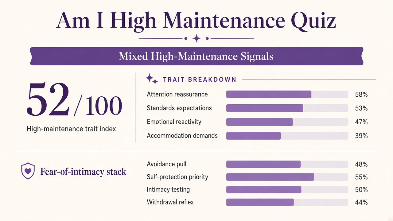 Am I high maintenance quiz report with Mixed band, trait index 52, domain bars, and fear-of-intimacy stack on The Quiz Hub