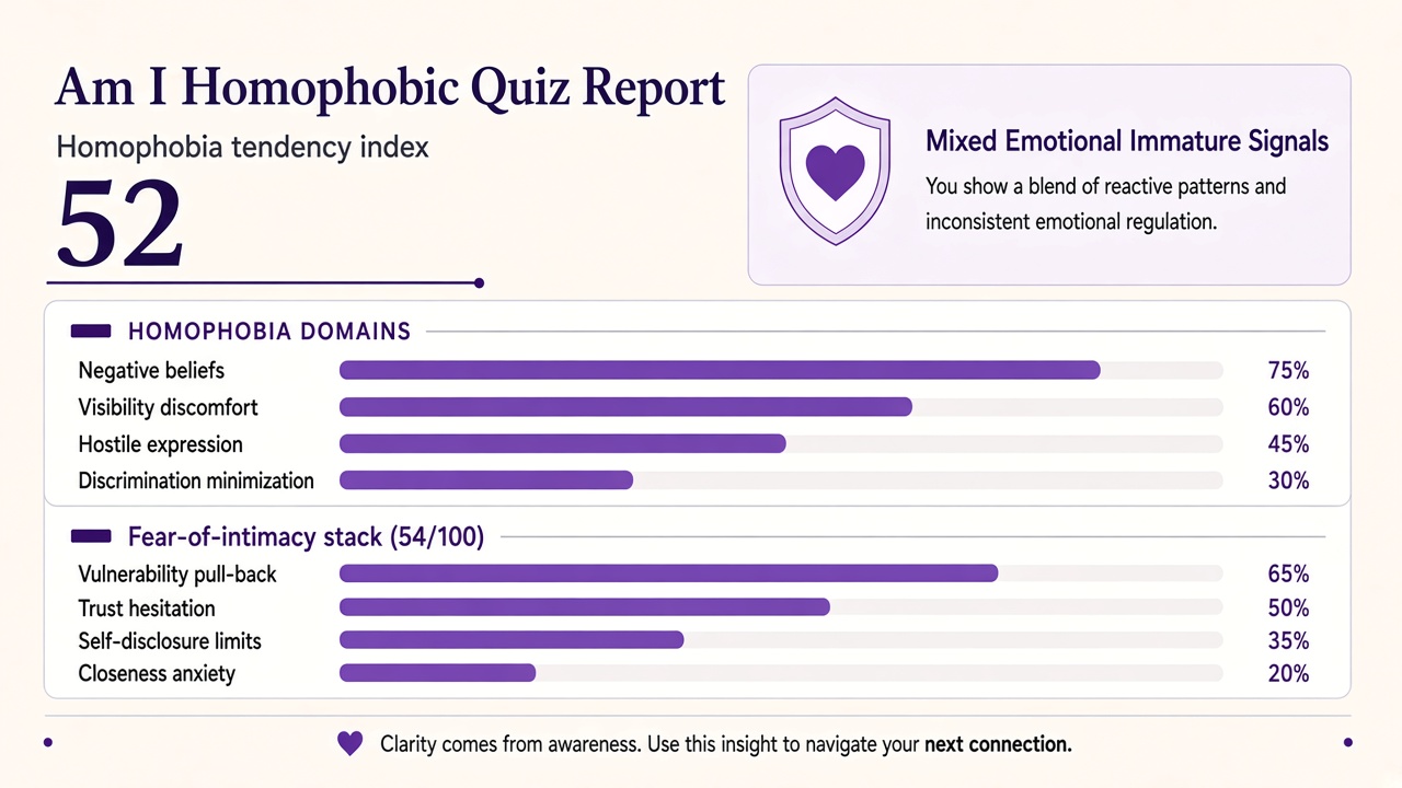 Am I high quiz report with Mixed band, index 52, domain bars, and intimacy stack chart